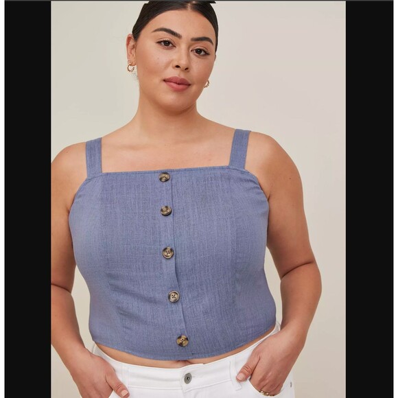 Torrid Crop Top 3X 22 24 Blue Chambray Woven Cami Tank Button Front Square Neck - Picture 3 of 6